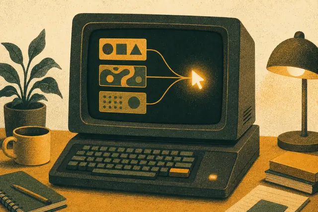 Retro 2020 terminal with stacked example blocks feeding a glowing amber cursor