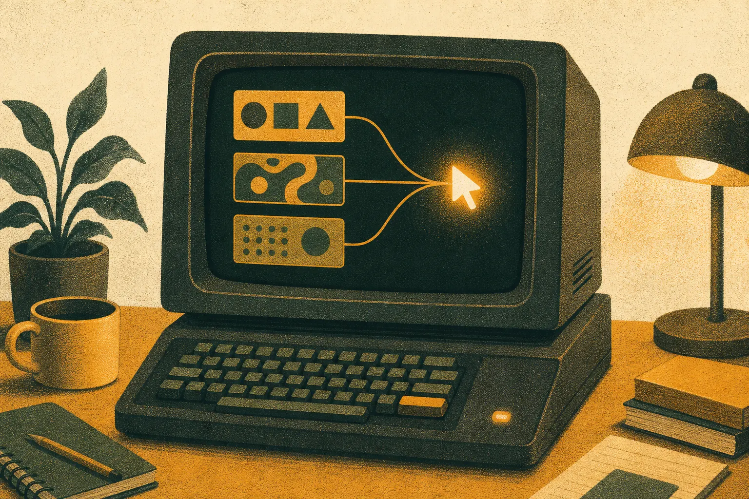 Retro 2020 terminal with stacked example blocks feeding a glowing amber cursor