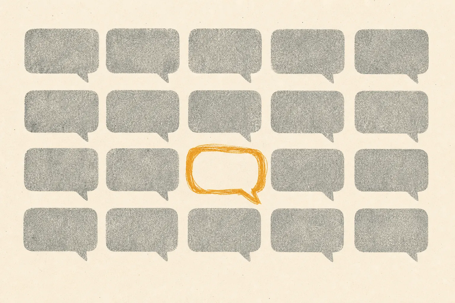 Grid of identical grey speech bubbles with one distinctive amber bubble standing out