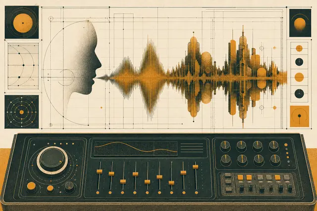 Retro console with dials shaping a sound wave into a distinct silhouette, a brand voice system