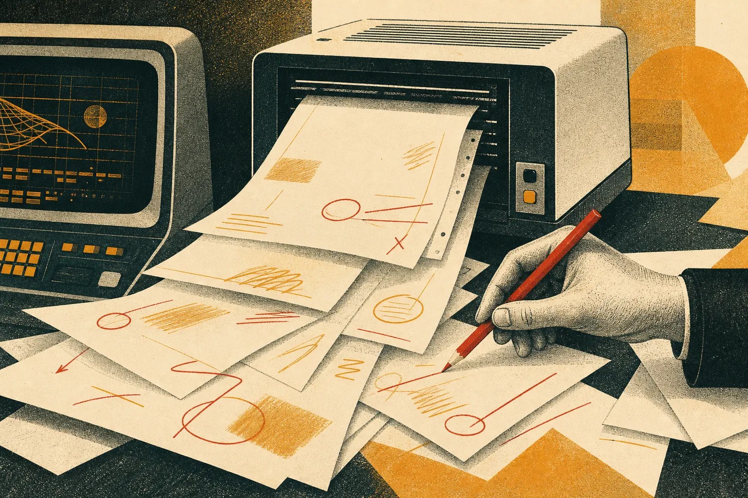 Editor's pencil and amber correction marks over blank sheets spilling from a retro terminal printer