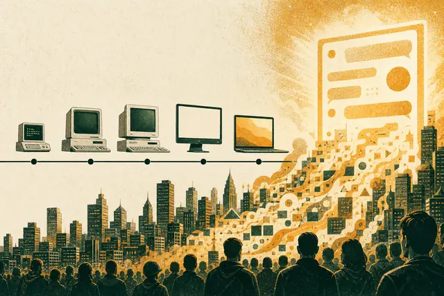 Timeline of screens from a small 2020 terminal to a vast glowing chat window over a city skyline