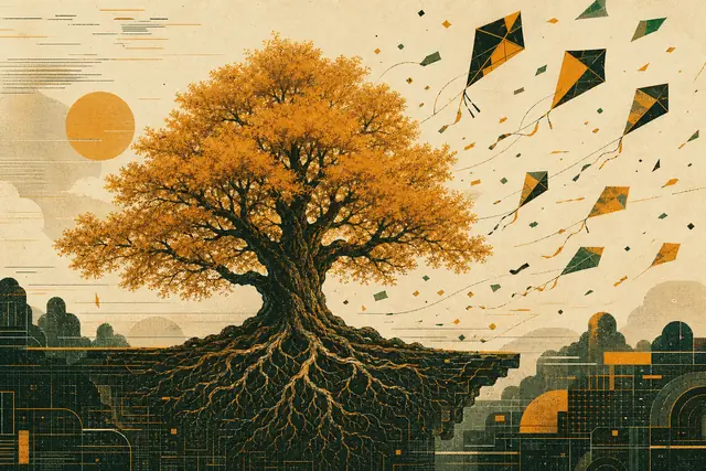 Deep-rooted amber tree standing steady while trend-shaped kites and confetti blow past