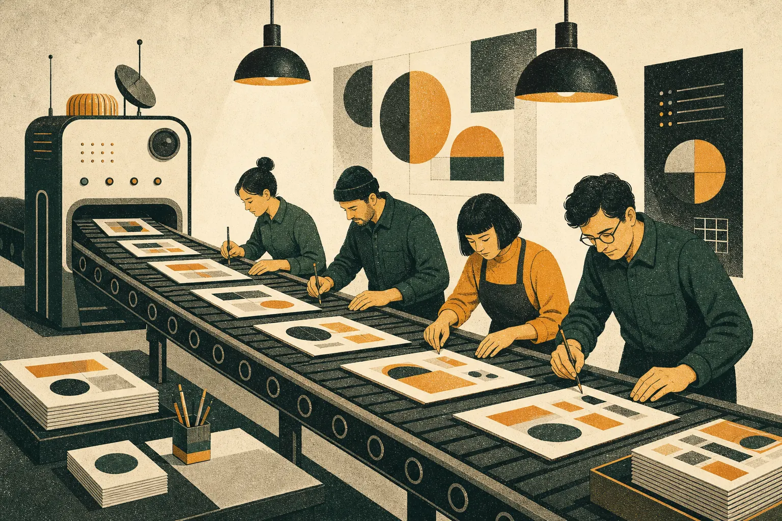 Human editors at a conveyor of content cards from a retro machine, hand-finishing each one