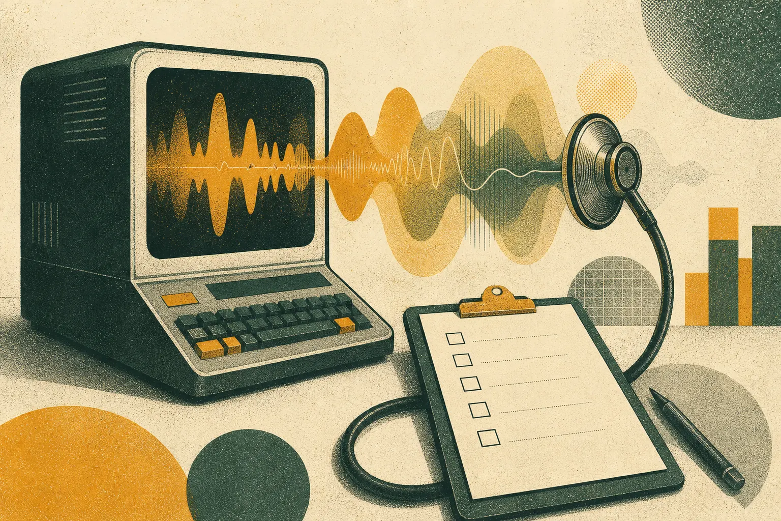 Probe listening to a retro terminal emitting voice waveforms beside a clipboard of blank tick boxes