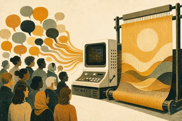 Crowd silhouettes whose conversation threads flow into a retro terminal weaving one bright piece